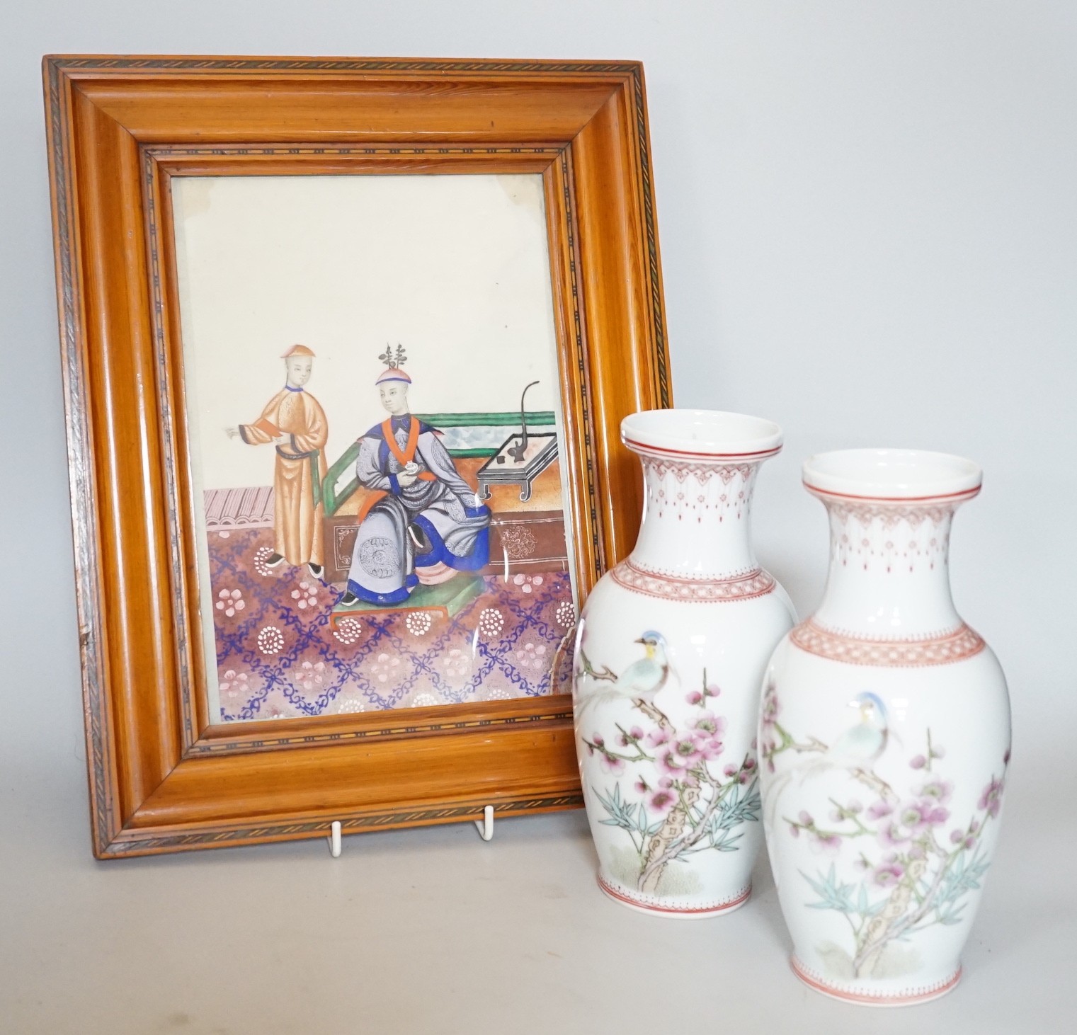 A pair of Chinese famille rose vases, possibly Republic period, and a framed figural pith painting, vases 21cms high